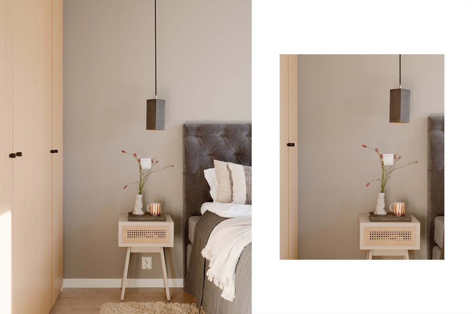 Overflatene er holdt i samme stil som resten av leiligheten, med laminatgulv og malte vegger. Galleribilde