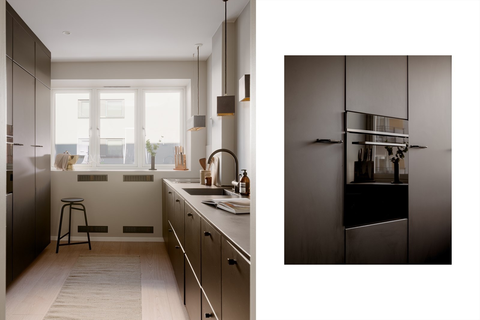 Stilrent kjøkken med moderne innredning, glatte fronter og integrerte hvitevarer. Galleribilde