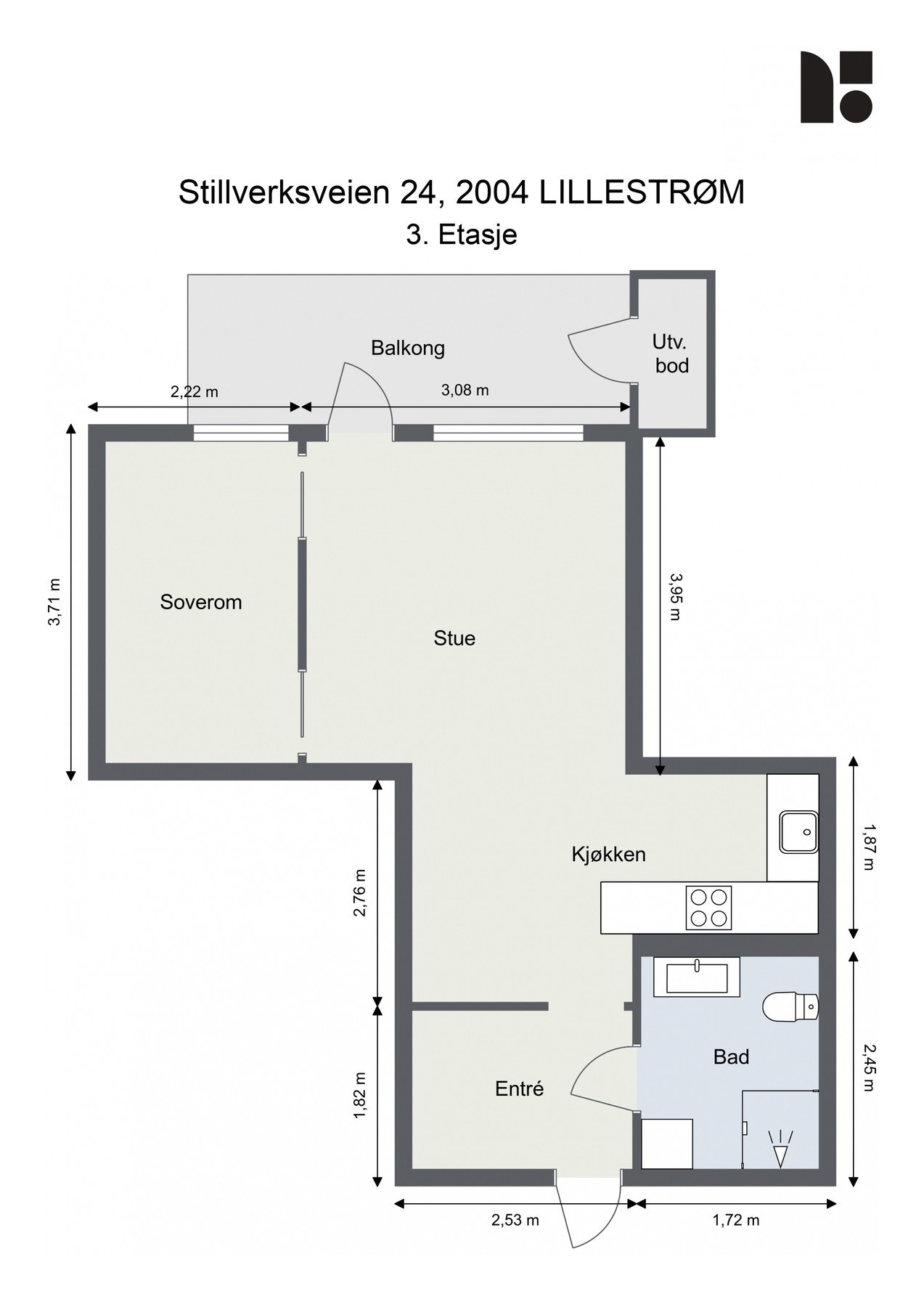 Planløsningen består av entré, bad, kjøkken, stue, soverom og balkong med bod på 2 m². Galleribilde