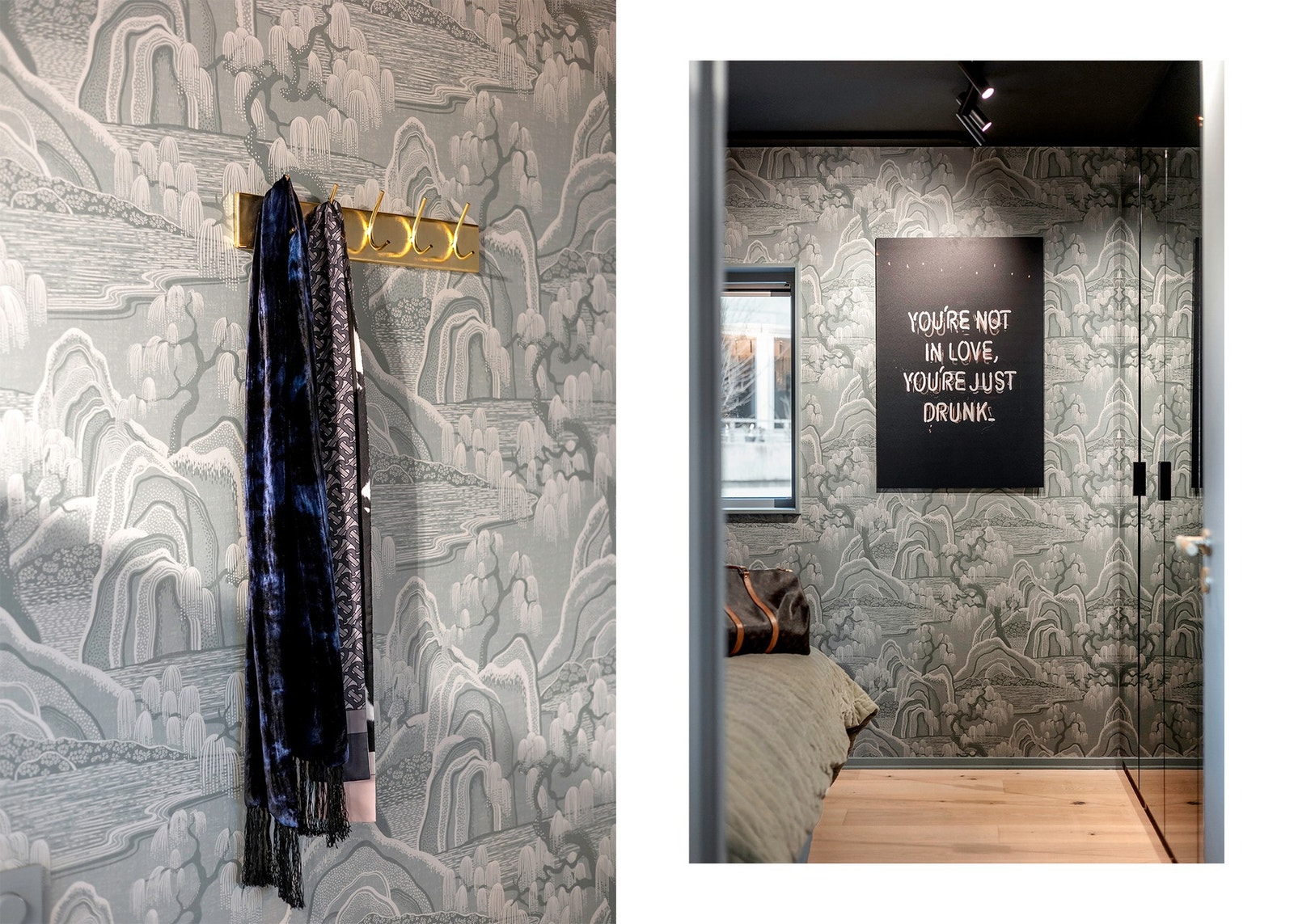 Soverommet har en lekker tapet med landskapsmotiv i kunstnerisk design og delikate fargetoner. Galleribilde