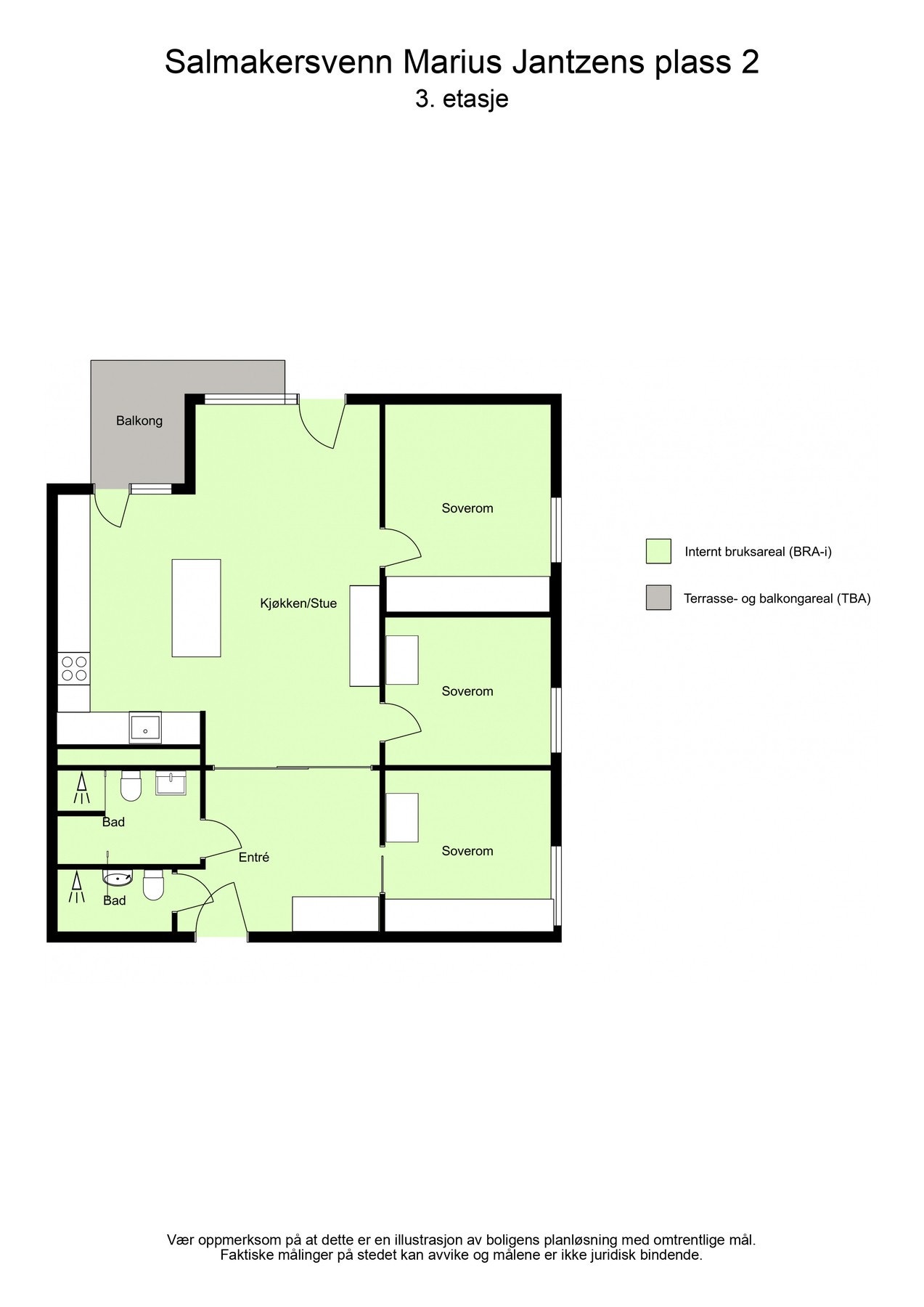 Plantegning med oversikt over hva som inngår i BRA-i (internt bruksareal). Galleribilde