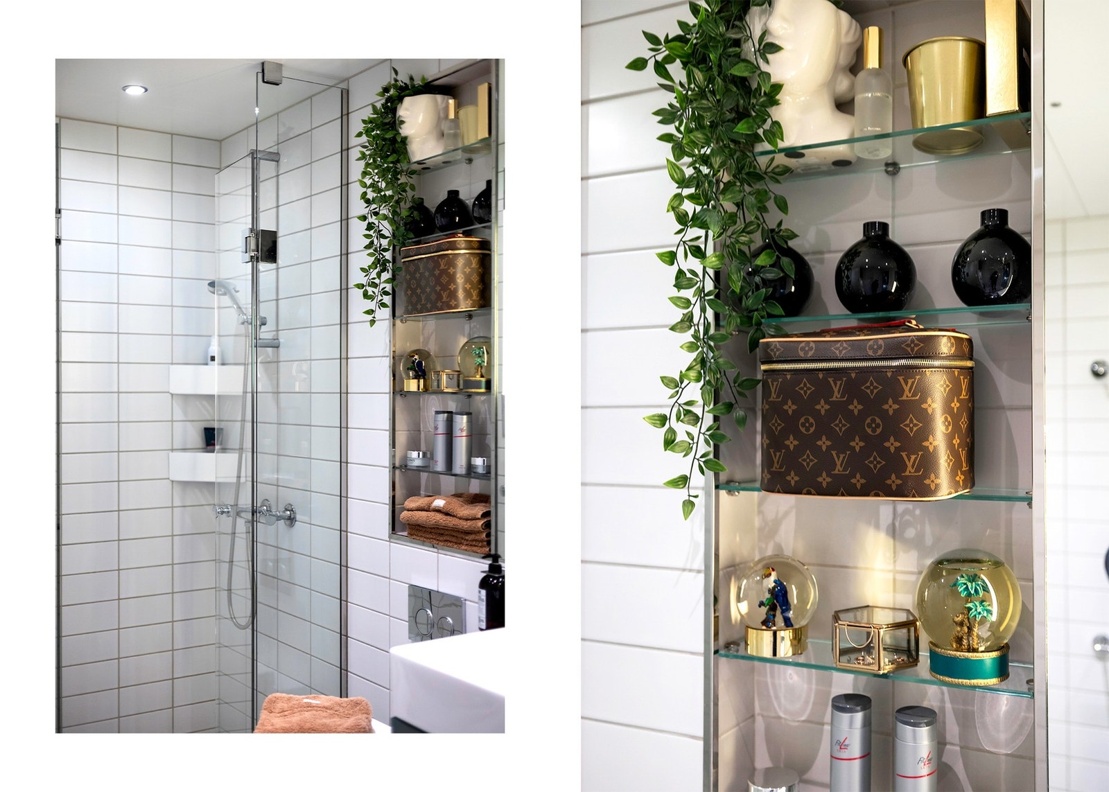 Det ene badet har glasshyller i nisje, samt opplegg for både vaskemaskin og tørketrommel i søyle. Galleribilde