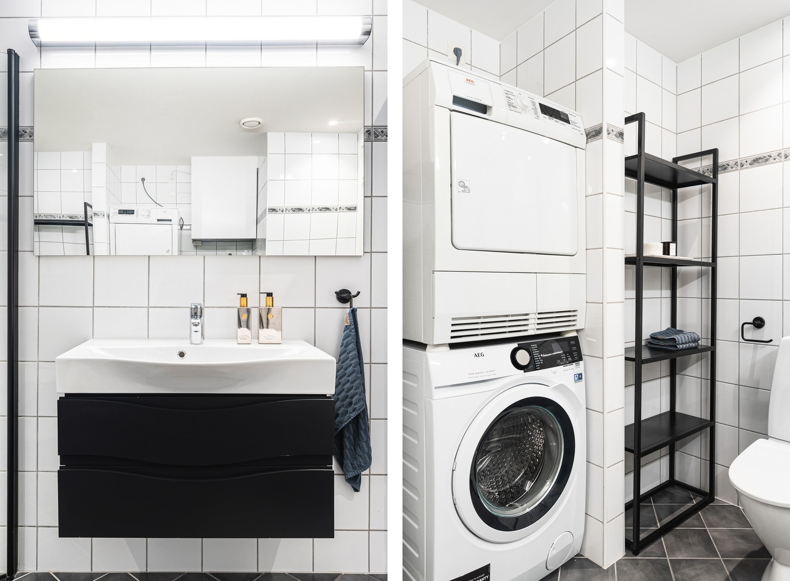 Badet er innredet med toalett, servant med innredning, dusjhjørne og opplegg for vaskemaskin. Galleribilde