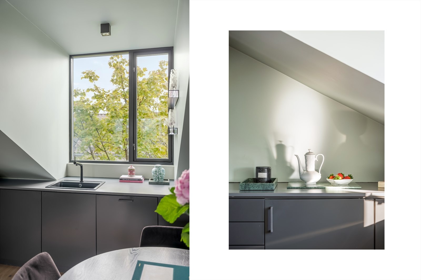 Kombinasjonen av moderne standard og klassisk bygård, skråtak, synlig bærebjelke og takvinduer gir leiligheten et helt eget uttrykk. Galleribilde