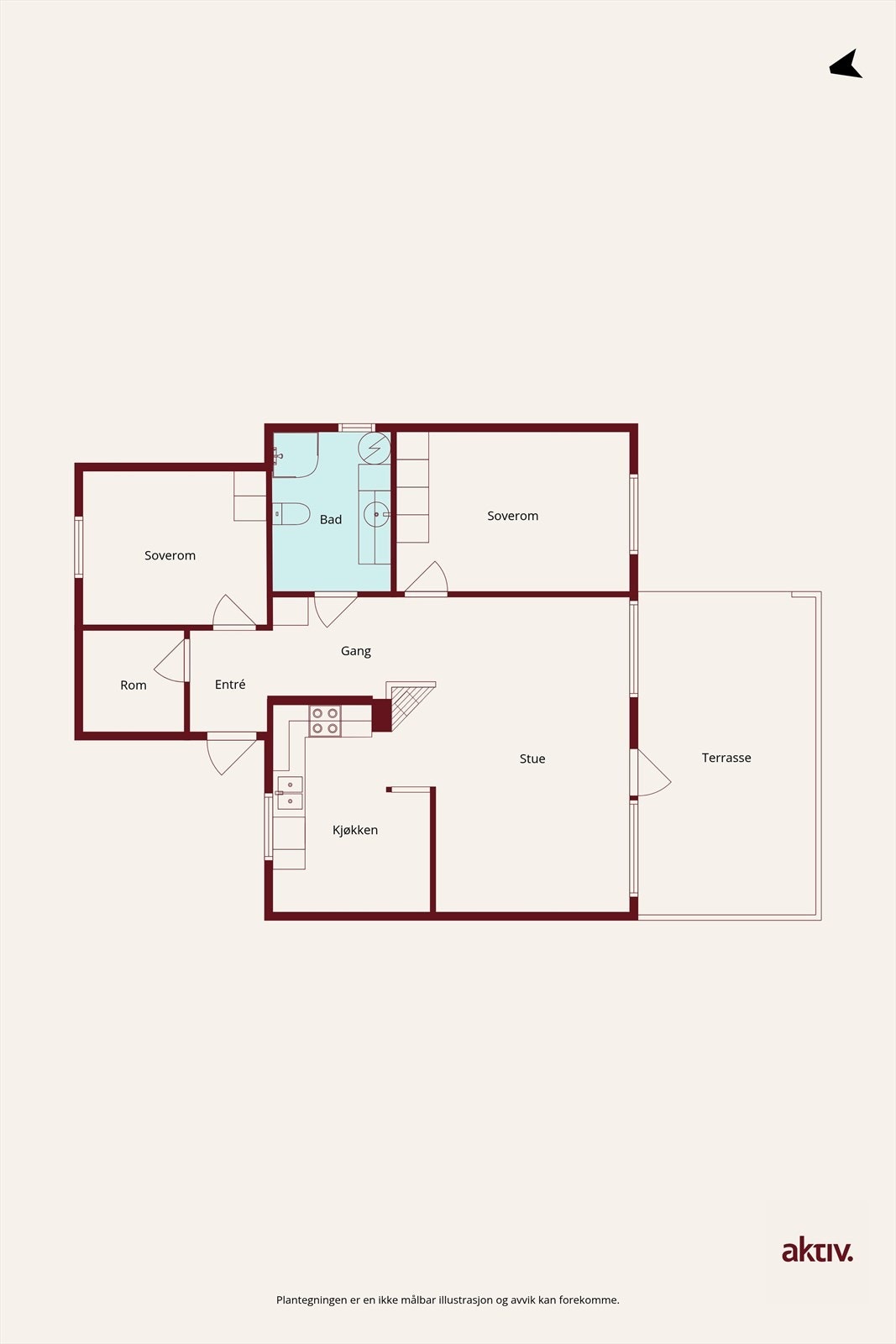 Plantegning. Praktisk planløsning med alt på en flate. Galleribilde