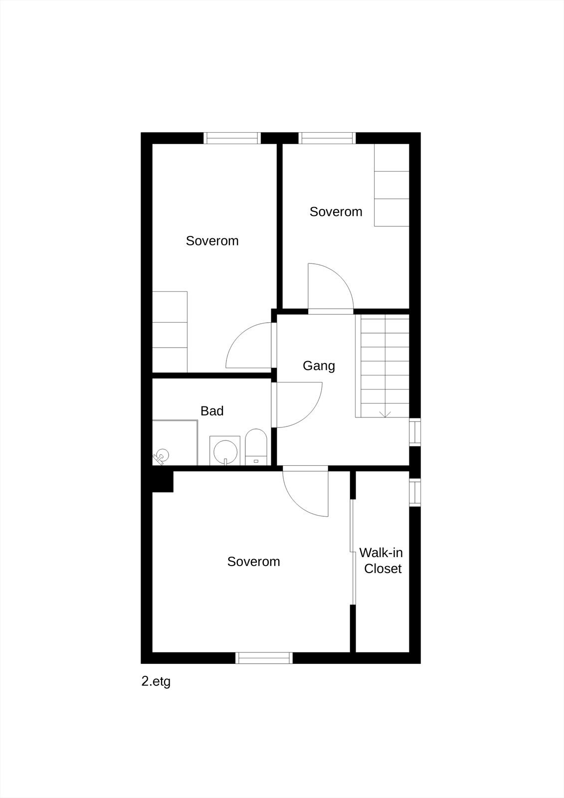 I andre etasje finnes det tre soverom samt et bad, som gir god plass til en familie. Galleribilde