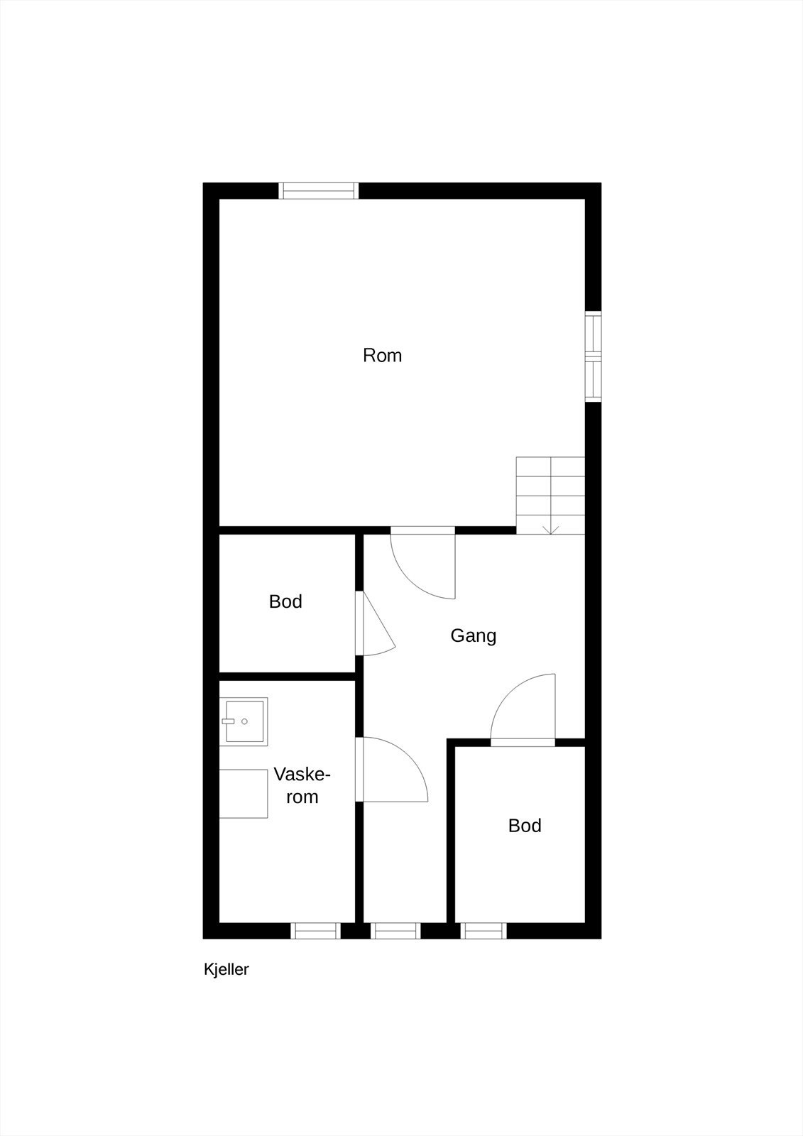 Kjelleren inneholder et rom, vaskerom og to boder, som gir gode oppbevaringsmuligheter. Galleribilde