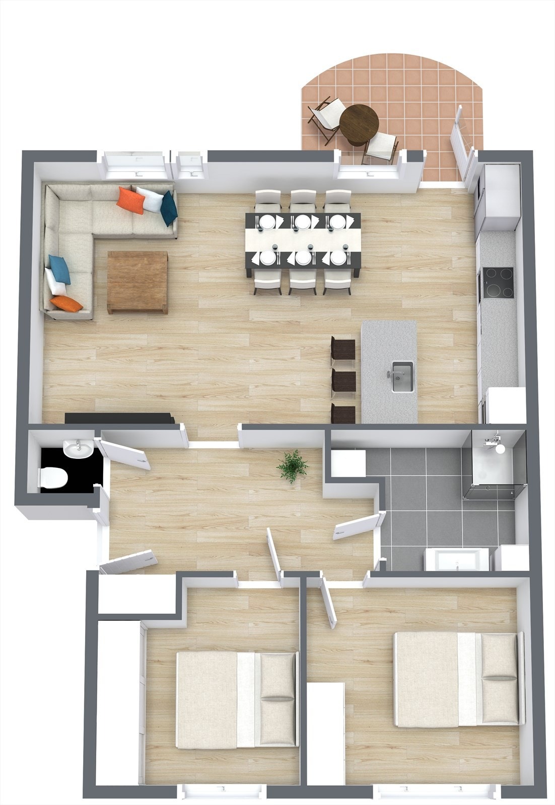 Den gjennomtenkte planløsningen gir en god flyt mellom rommene og skiller soveavdelingen fra de sosiale sonene. Galleribilde