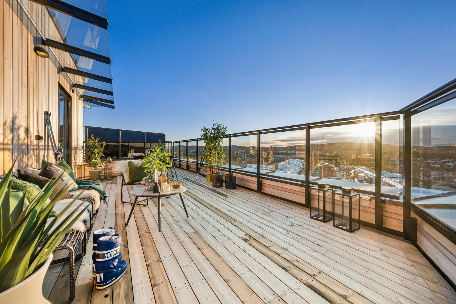Stor terrasse med morgensol og skogen utenfor Galleribilde