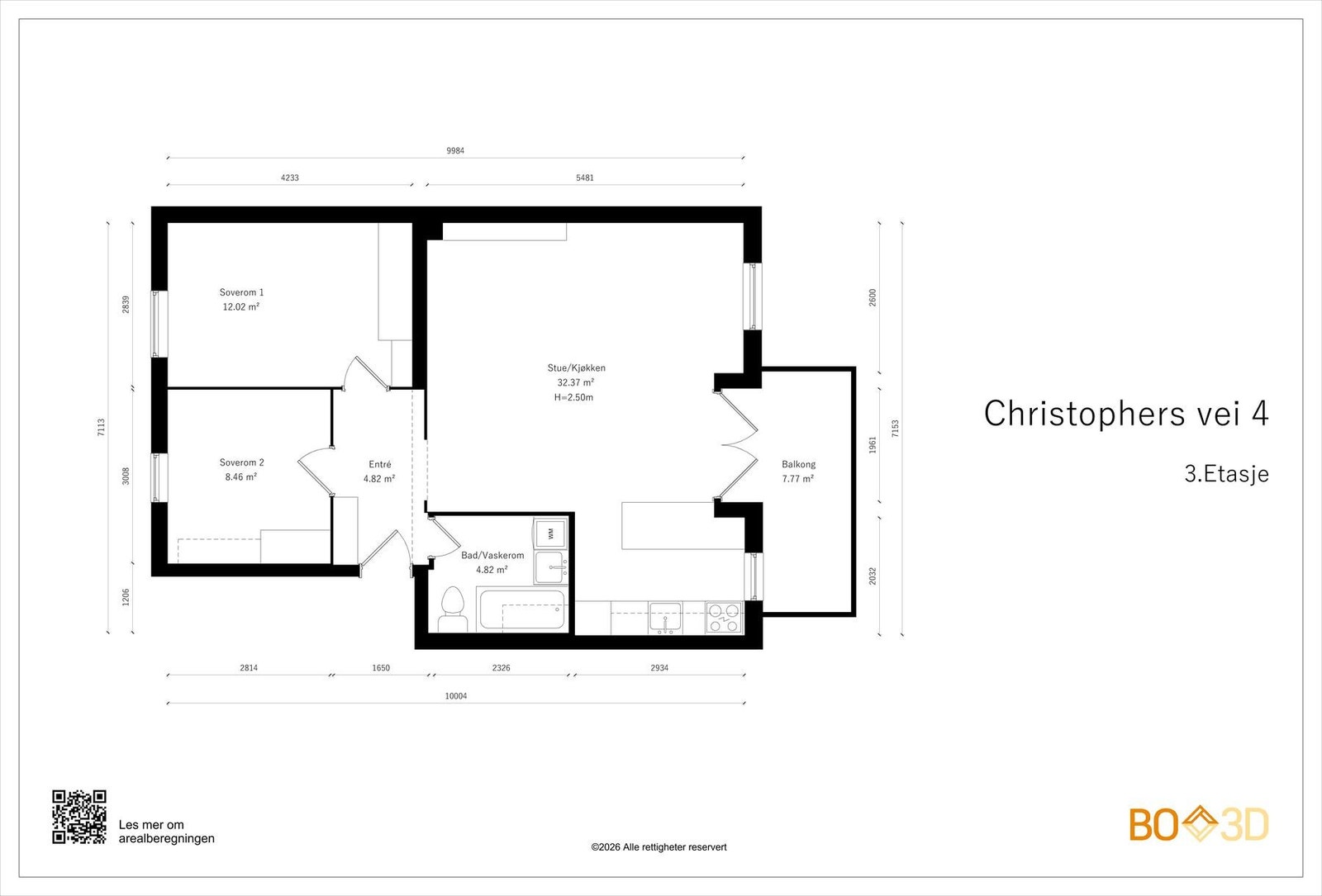 Boligen er 65 kvm og ligger i byggets 3.etg/toppetasje og har svært god planløsning: entré, kjøkken, stue, 2 soverom og bad. Galleribilde