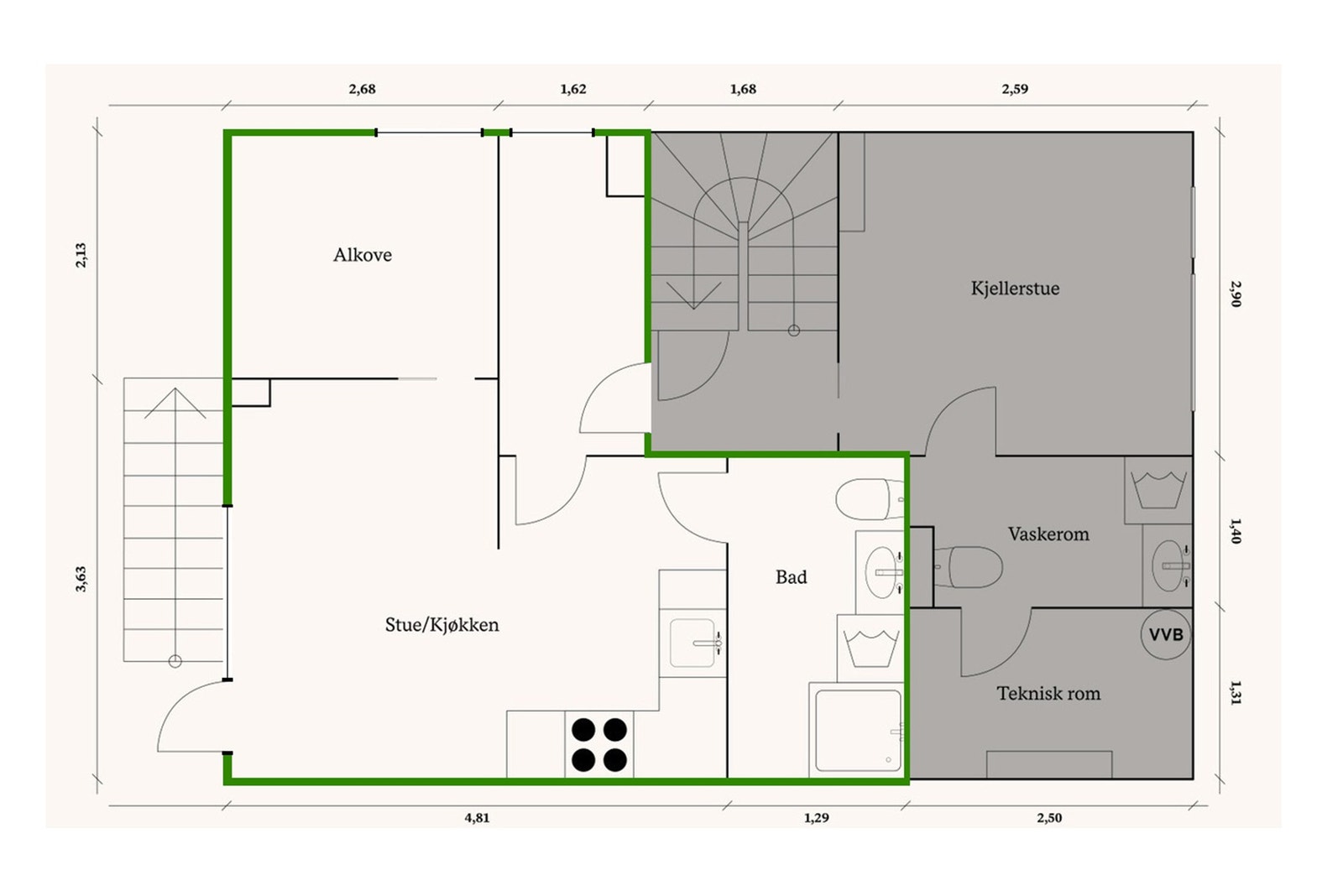Plantegning med hybelleilighet markert i grønn. Galleribilde