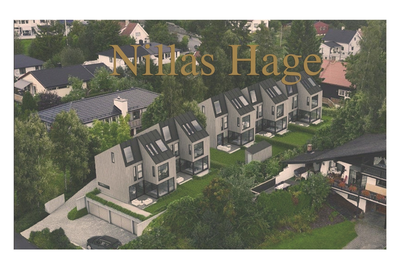 Illustrasjon av eneboligrekke. Hybelleiligheten ligger i enebolig nr 4 fra venstre Galleribilde