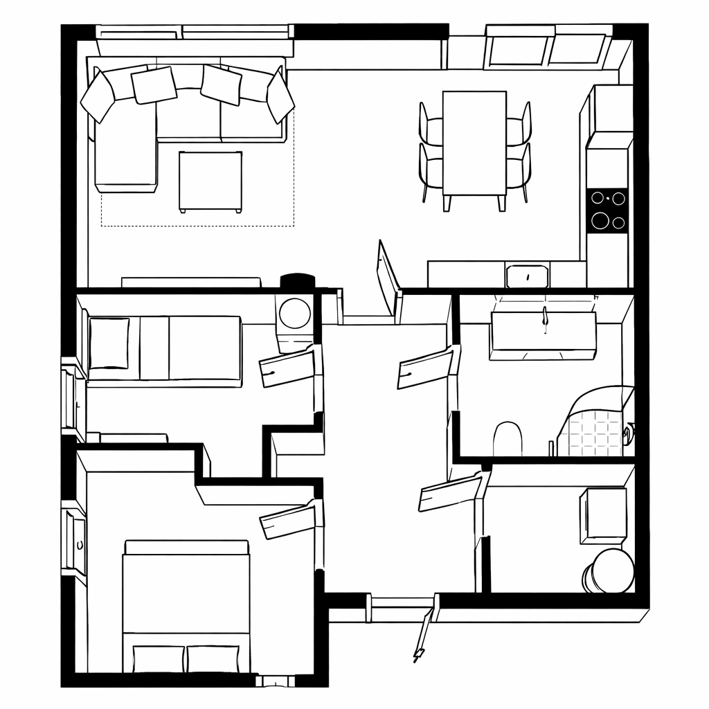 Plantegning som viser den gode planløsningen med to soverom og åpen stueløsning Galleribilde