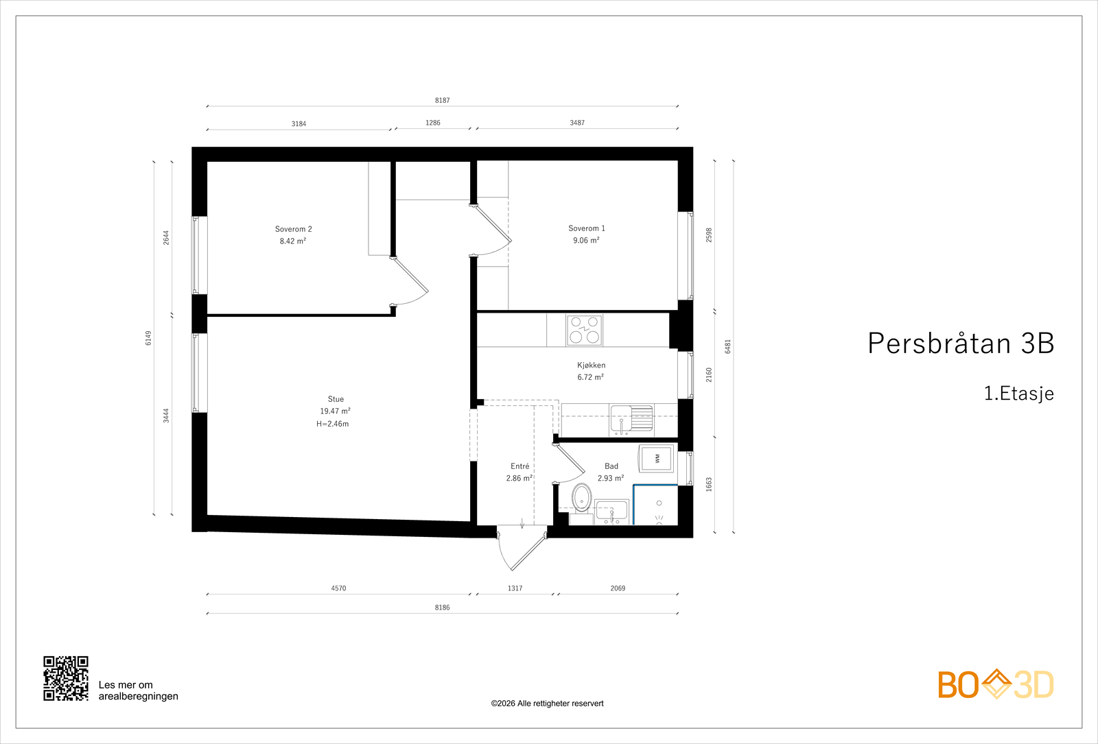 Leiligheten har en arealeffektiv planløsning på 51 m² som omfatter entré, stue, kjøkken, bad og to soverom. Galleribilde