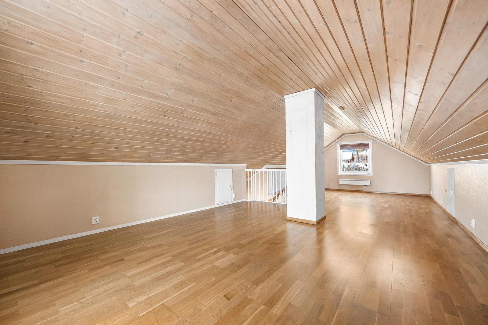 Ltv-stuen har gjennomgående parkett på gulv og lyse himlingsplater. Galleribilde