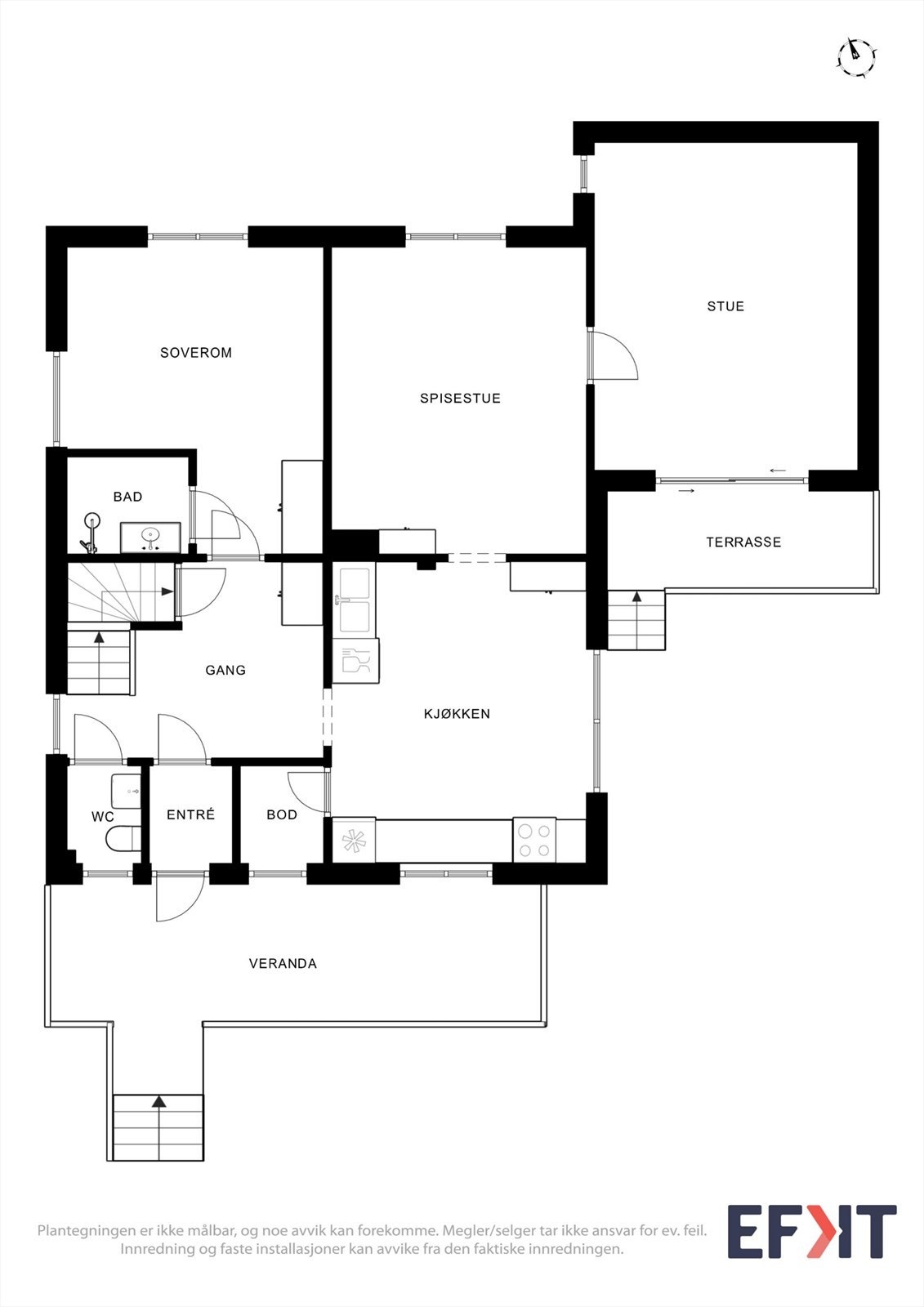 Første etasje har en tradisjonell planløsning med stue, kjøkken, bad, soverom og toalettrom. Galleribilde