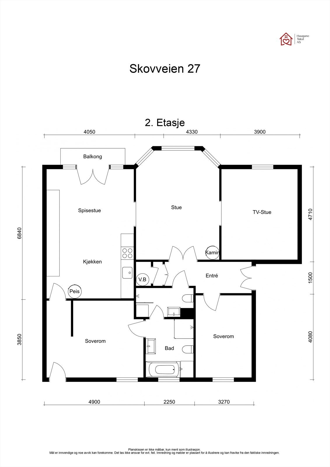 Plantegning. Leiligheten disponerer også tre boder i trapperom på til sammen ca. 7 m² og to loftsboder på til sammen 10 m². Galleribilde