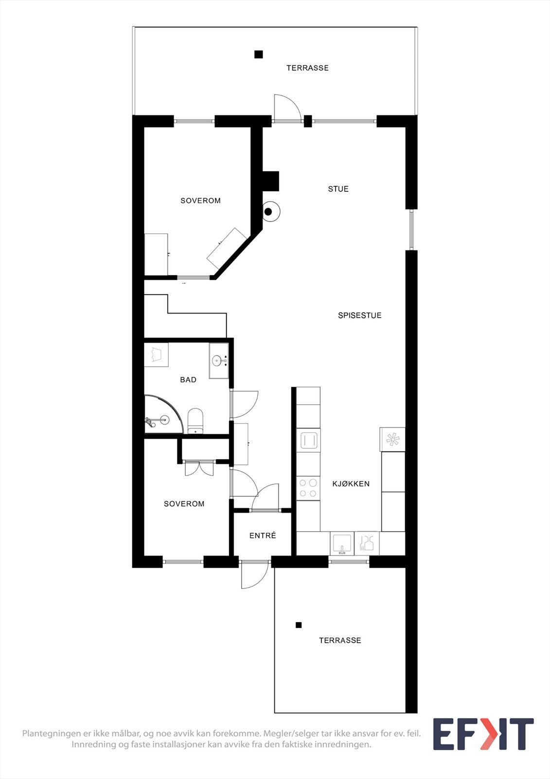 Leiligheten har en praktisk planløsning på ett plan, med to soverom og åpen stue-kjøkkenløsning Galleribilde
