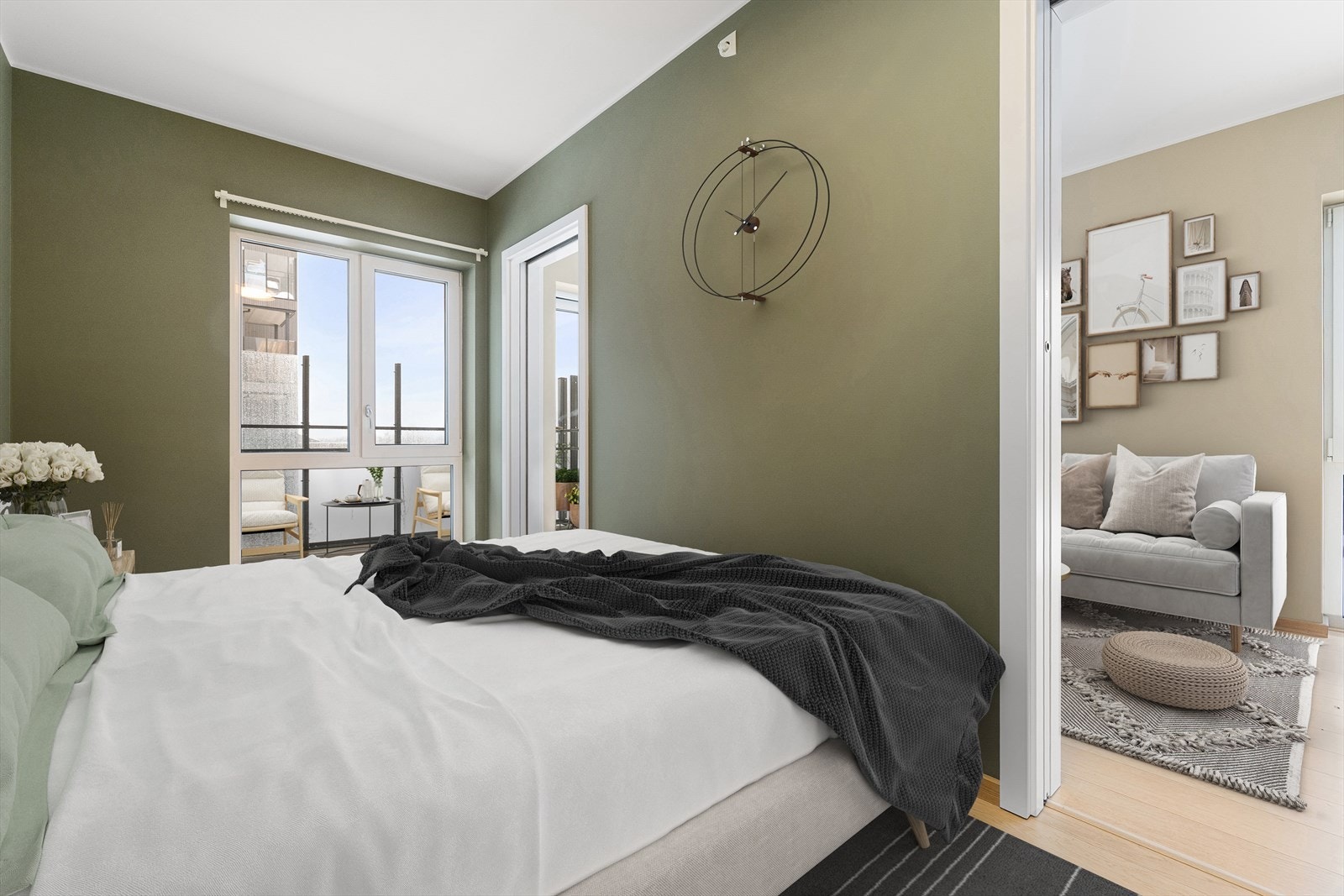 Hovedsoverom malt i en moderne fargenyanse. (Bildet er digitalt stylet). Galleribilde