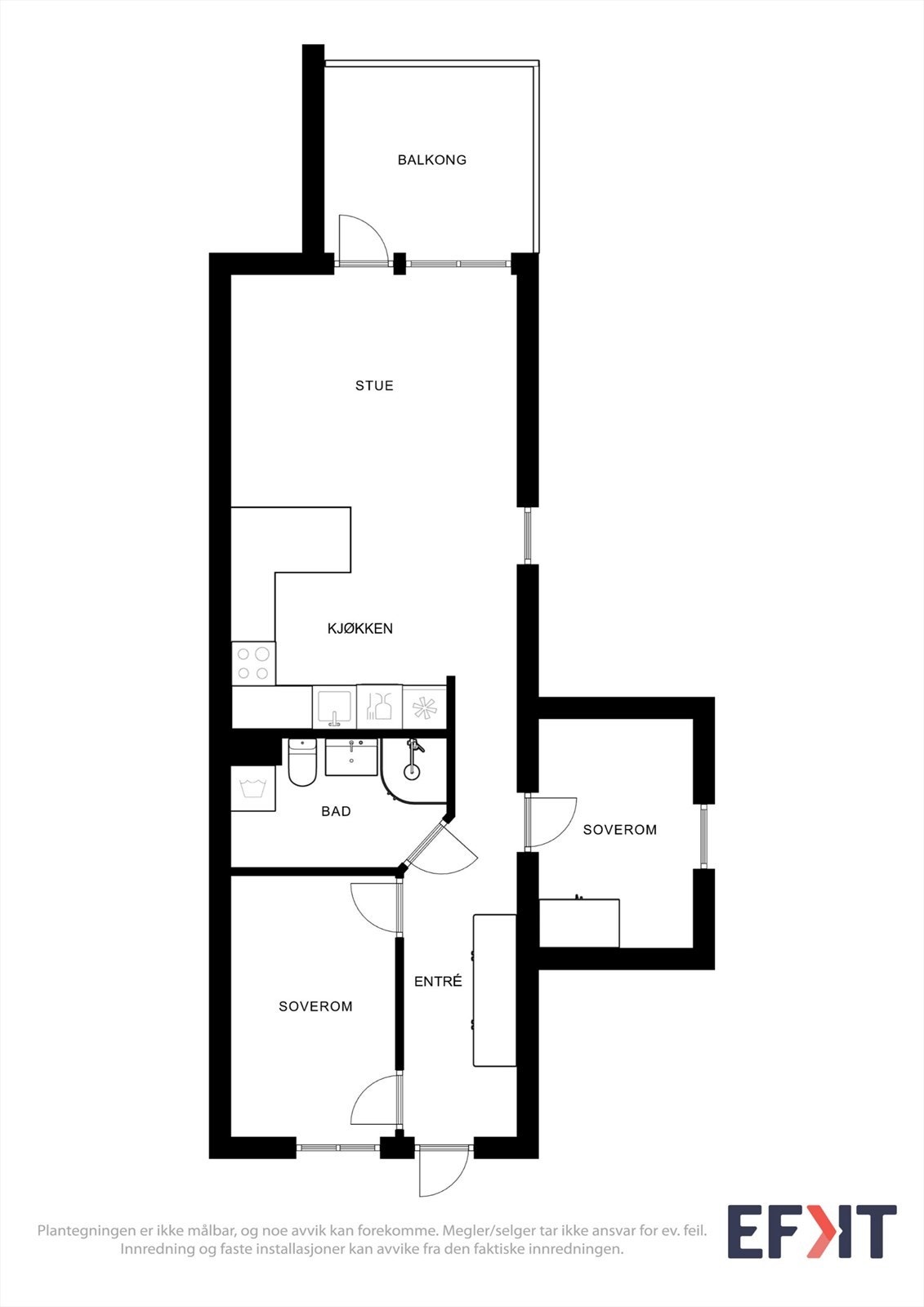 Leiligheten er arealeffektiv med en praktisk planløsning som rommer gang, to soverom, bad og åpen stue-kjøkkenløsning. Galleribilde