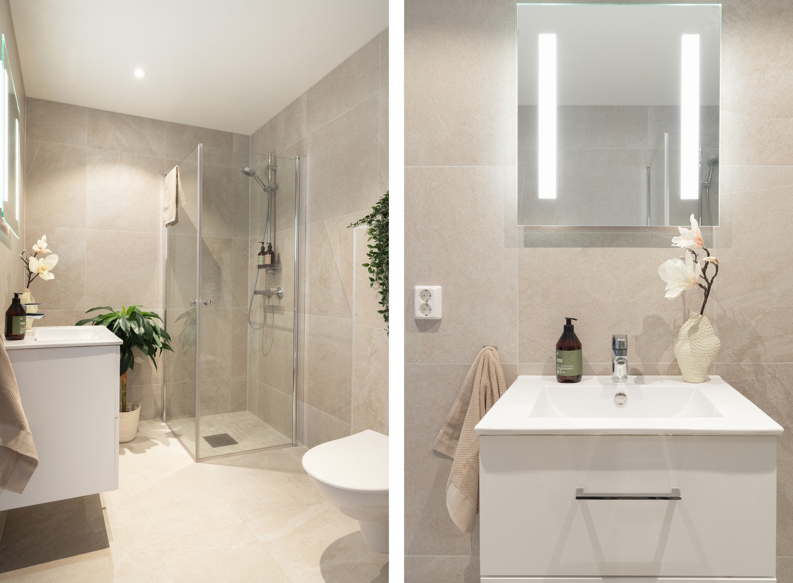 Badet er innredet med vegghengt toalett, servant med innredning og dusjhjørne. Galleribilde