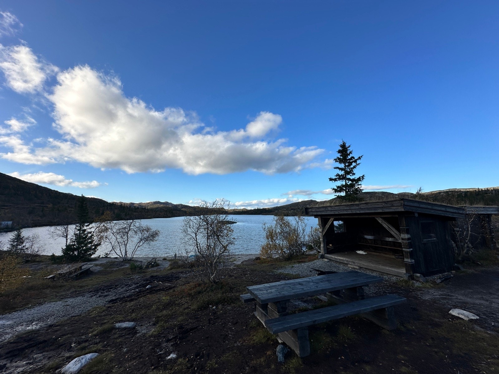 Badestrand, benker og gapahuk ved Fyrisjø. Galleribilde