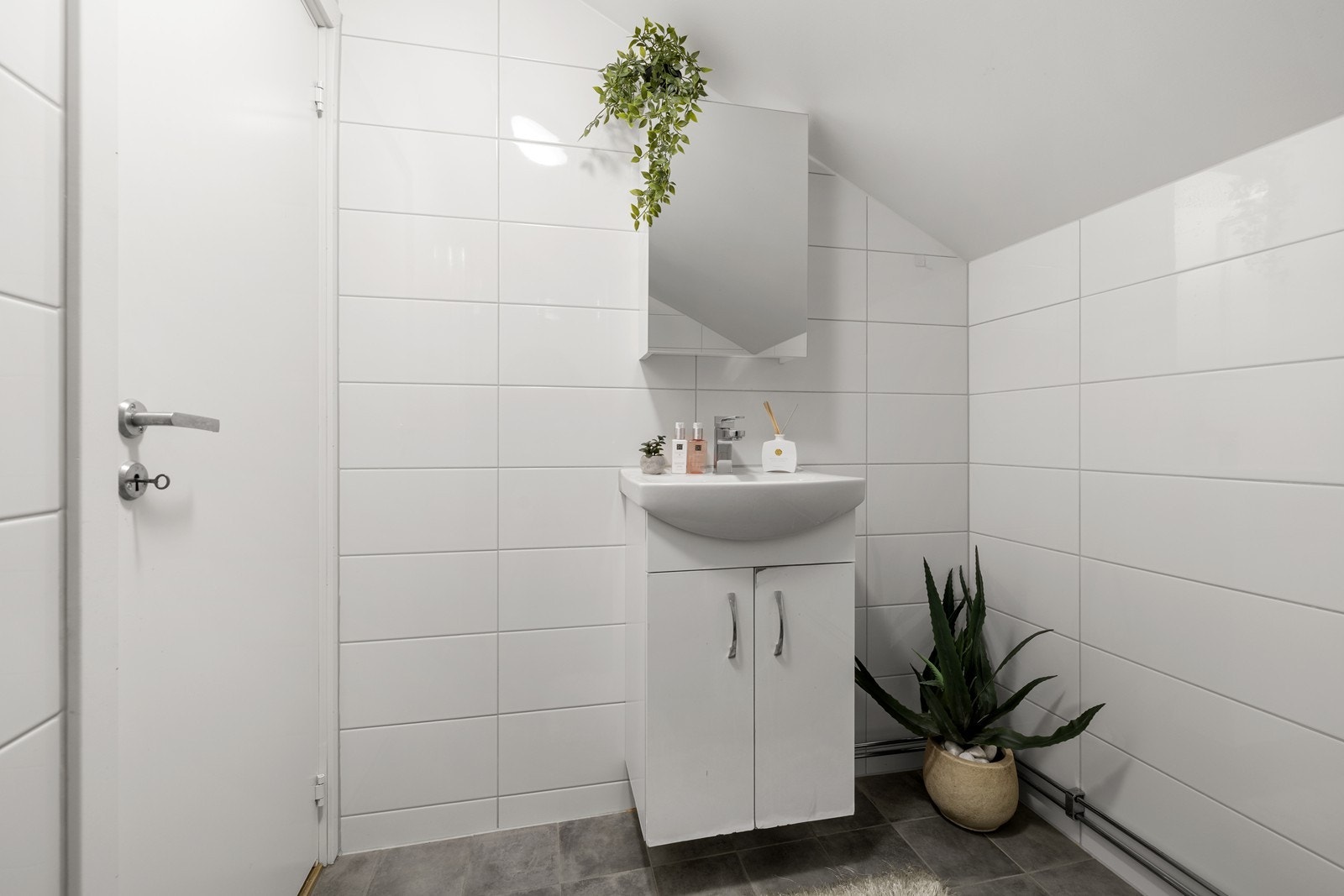 Rommet er utstyrt med dusjhjørne med svingbare glassdører og har opplegg for vaskemaskin. Galleribilde