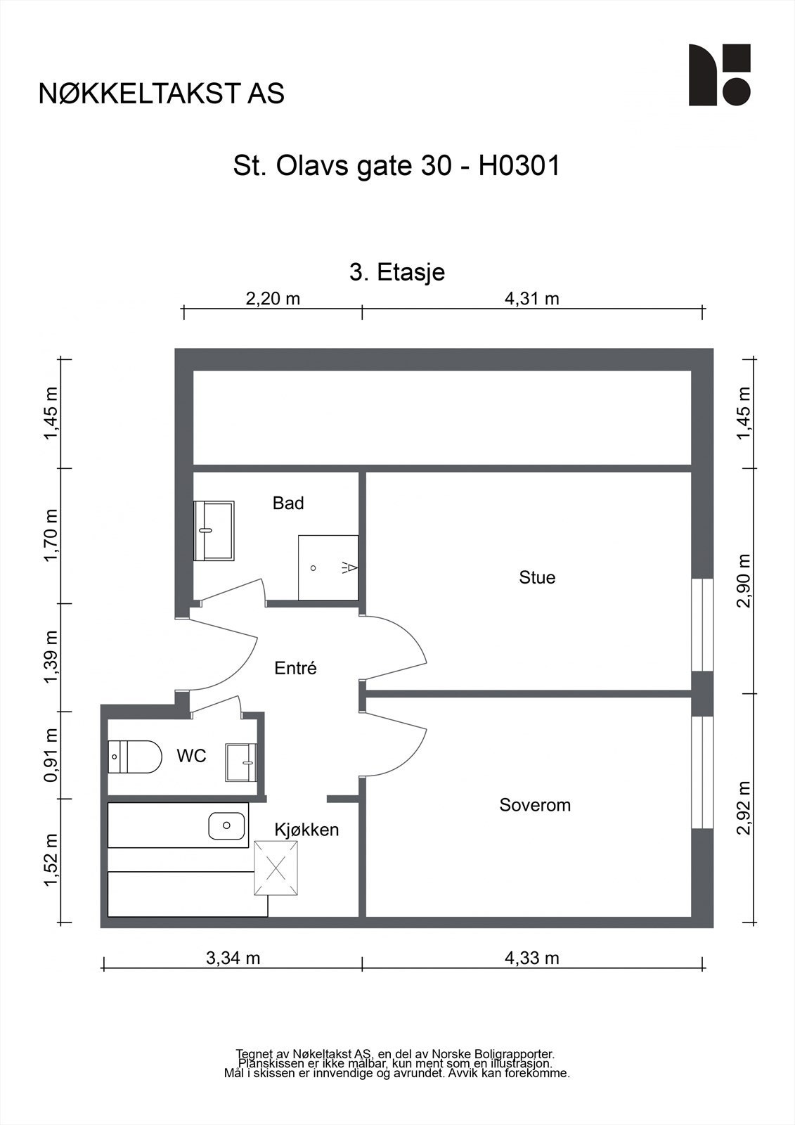 Leiligheten har en arealeffektiv planløsning på 41 m² med separat soverom, bad og toalettrom. Galleribilde