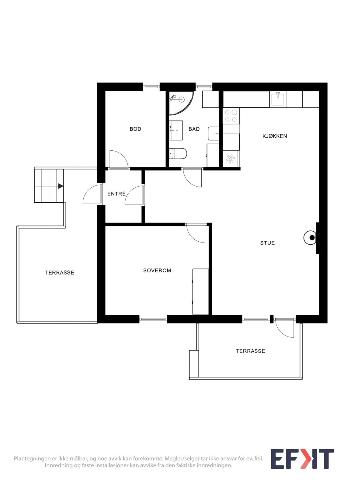 Boligen har en arealeffektiv planløsning på 61 m² som rommer entré, stue, kjøkken, bad og ett soverom. Galleribilde