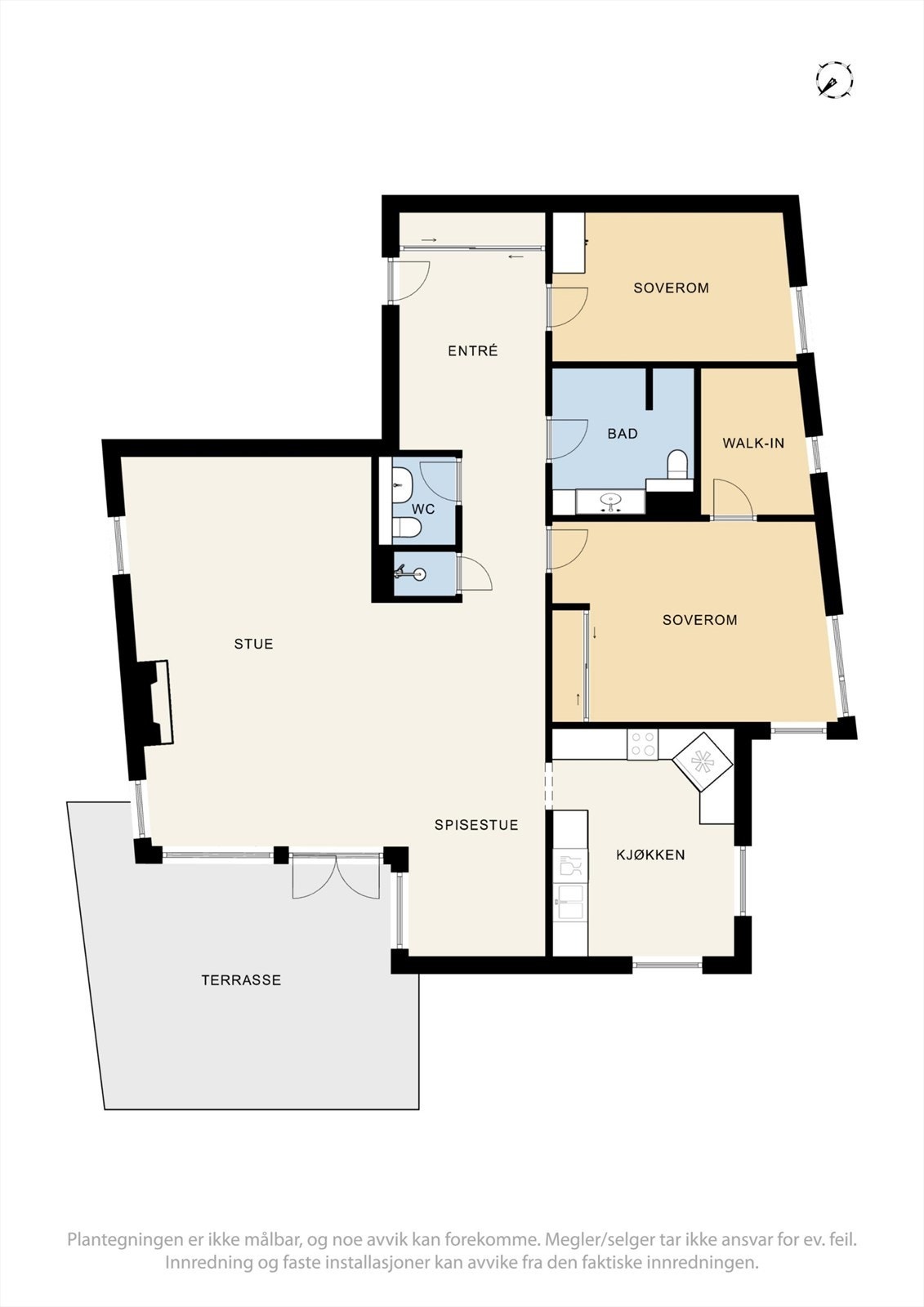 Plantegningen viser en leilighet på 111 m² med to soverom, bad, separat wc og en stor stue med utgang til terrasse. Galleribilde