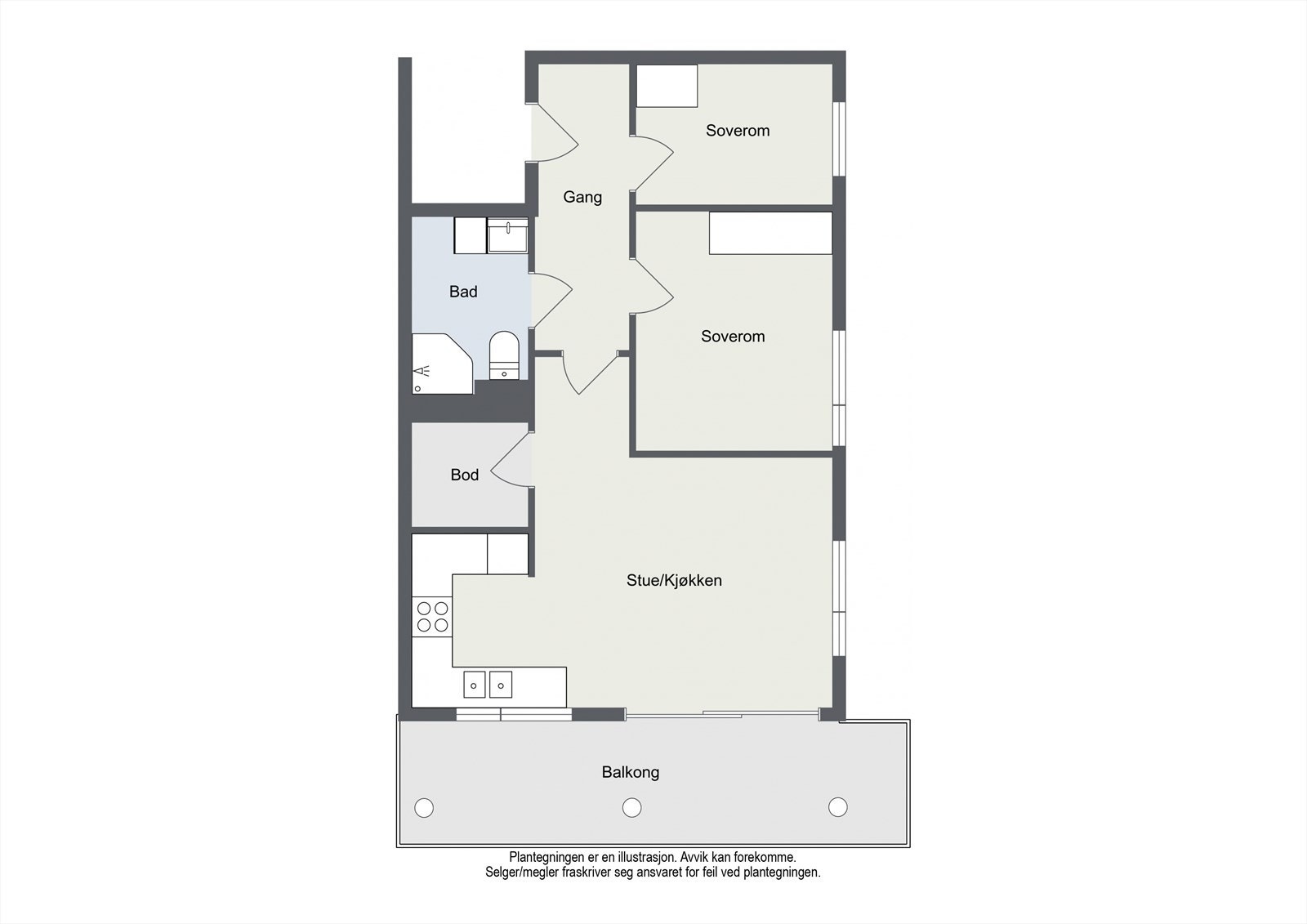 Planskisse. I tillegg til den innvendige boden har leiligheten også ekstern kjellerbod på ca. 5 m². Galleribilde
