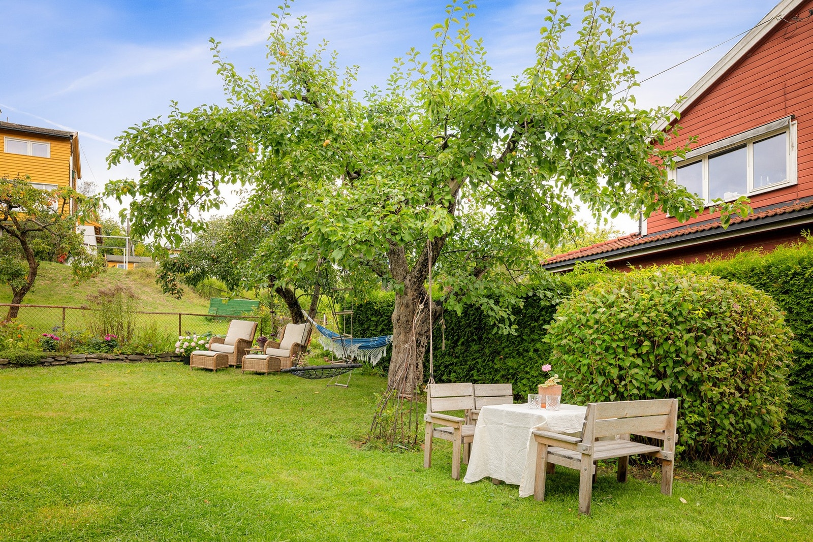 Her finnes både pæretre, epletre og plommetre - hvor særlig epletreet vanligvis gir rikelig med frukt. Galleribilde