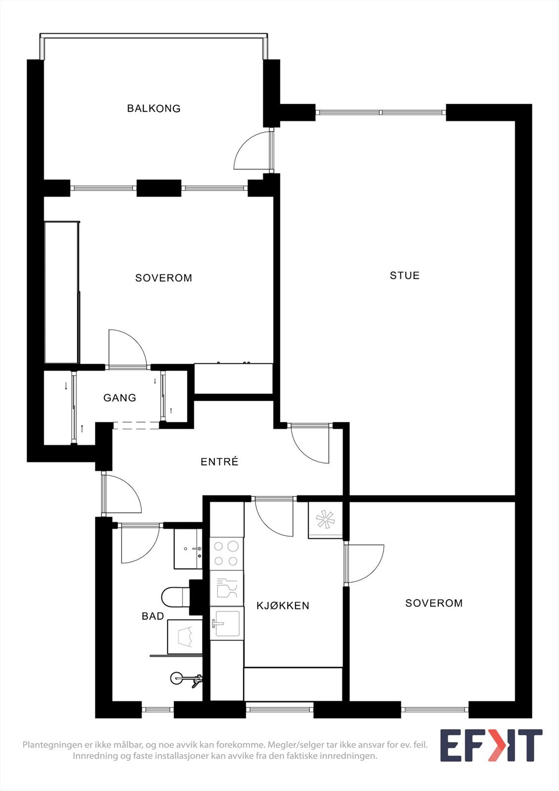 Leiligheten har en arealeffektiv planløsning med to soverom, separat kjøkken og stue. Galleribilde
