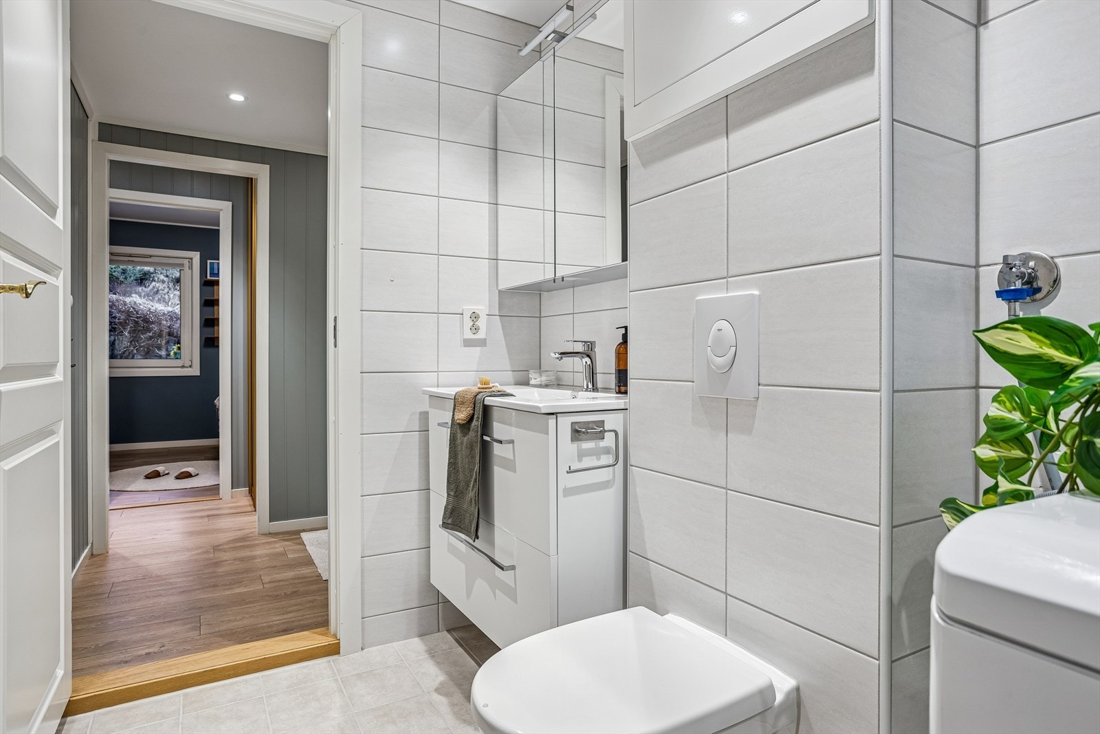 Her er det opplegg for vaskemaskin og en praktisk, vendbar dusjvegg i glass. Galleribilde