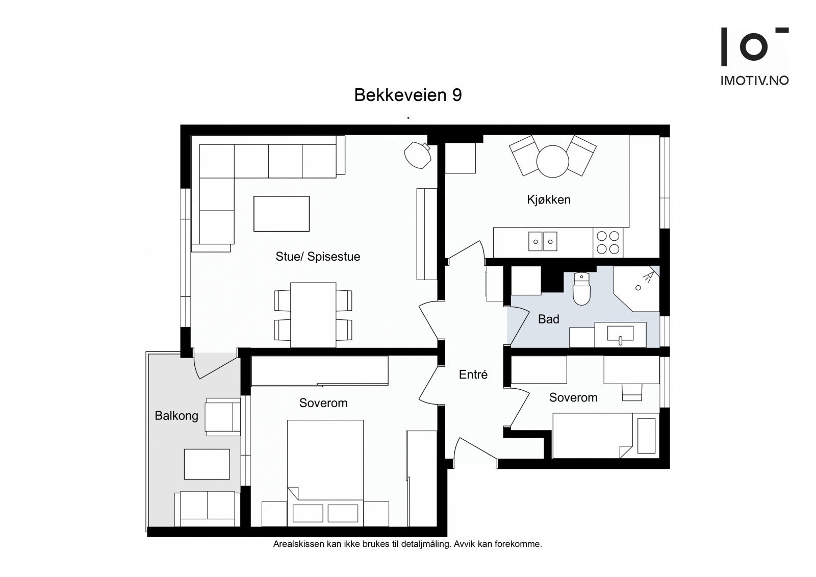Leilighetens innredning består av: Entré, bad/vaskerom, kjøkken, stue og 2 soverom. Galleribilde