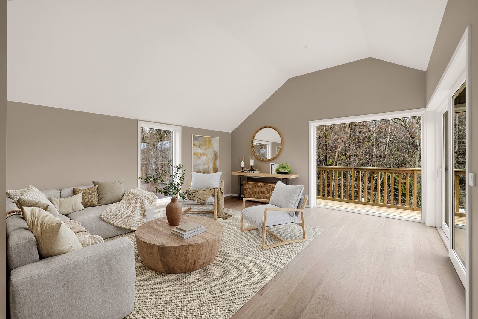 Stue med utgang til solrik balkong, stylet digitalt. Illustrasjoner kan avvike fra faktiske forhold. Galleribilde