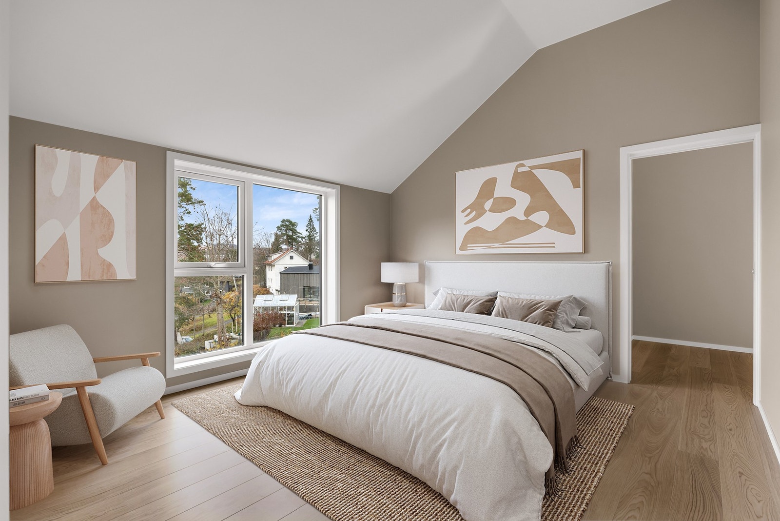 Hoved soverom med utsikt fra sengen med walk-in closet. Digitalt stylet, illustrasjoner kan avvike fra faktiske forhold. Galleribilde