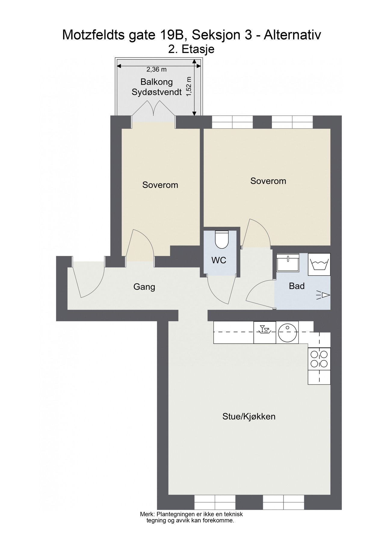 Mulig ombygging til fullverdig 3-roms. Skissen er hentet fra tilsvarende leilighet i 2. etasje med balkong. Galleribilde