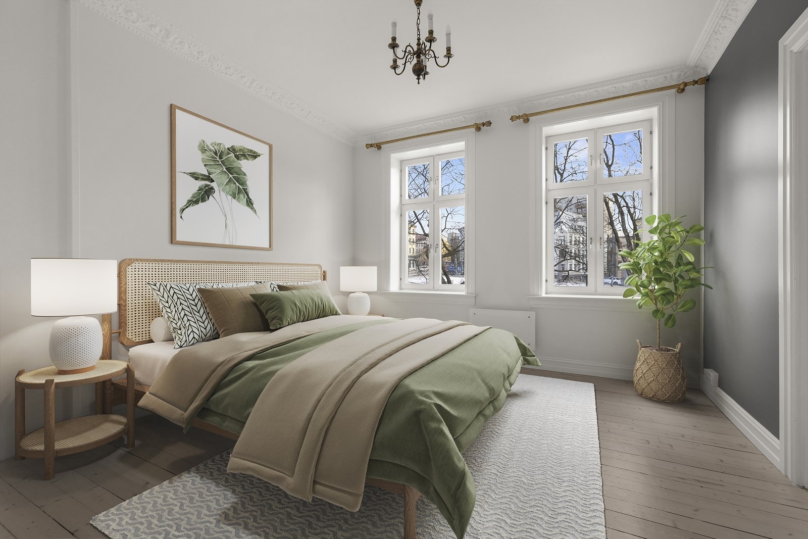 Luftig og romslig soverom med originale tregulv. Bildet er digital stylet. Galleribilde