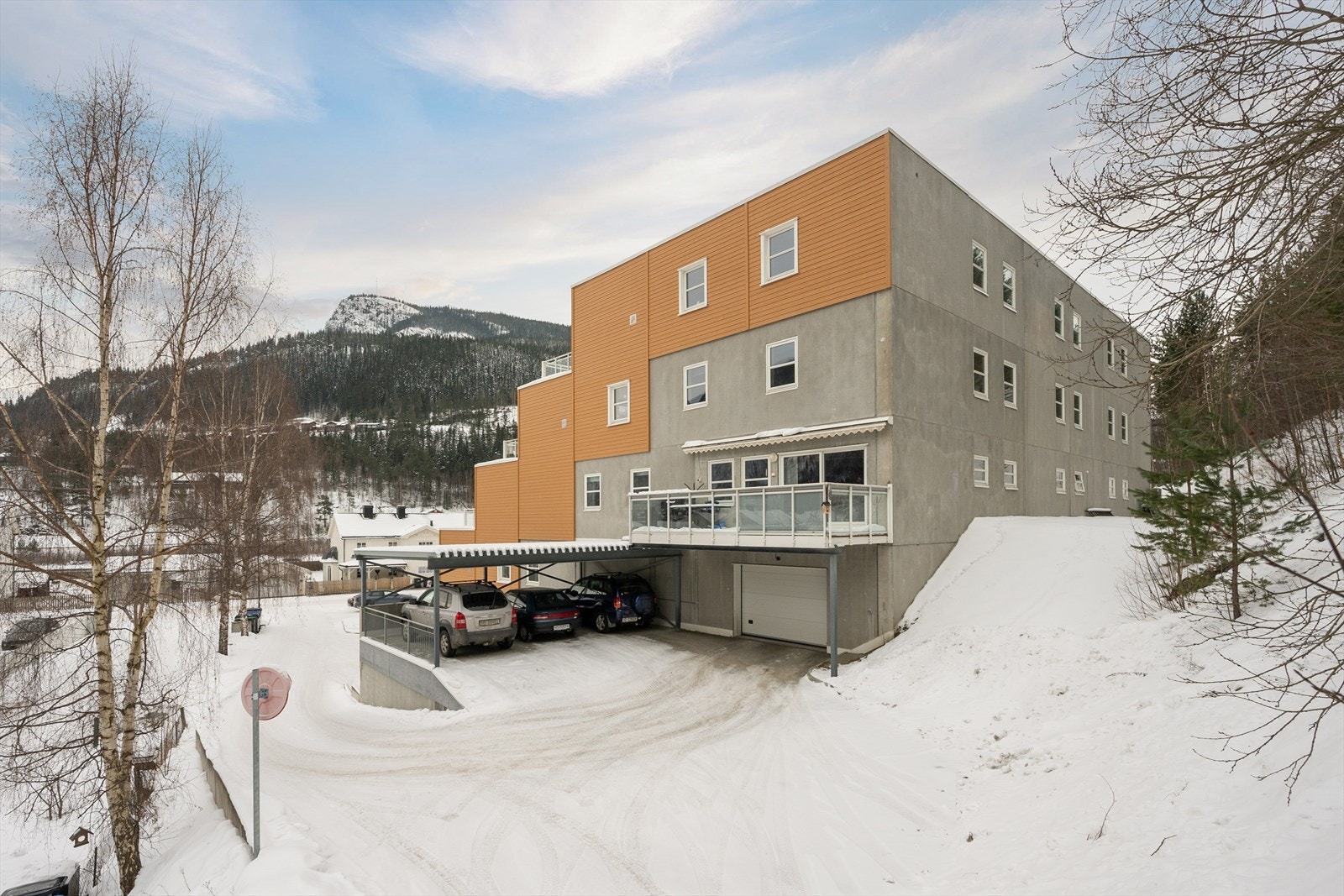 Innkjøring til garasjen på siden av bygget - elektrisk port. Galleribilde