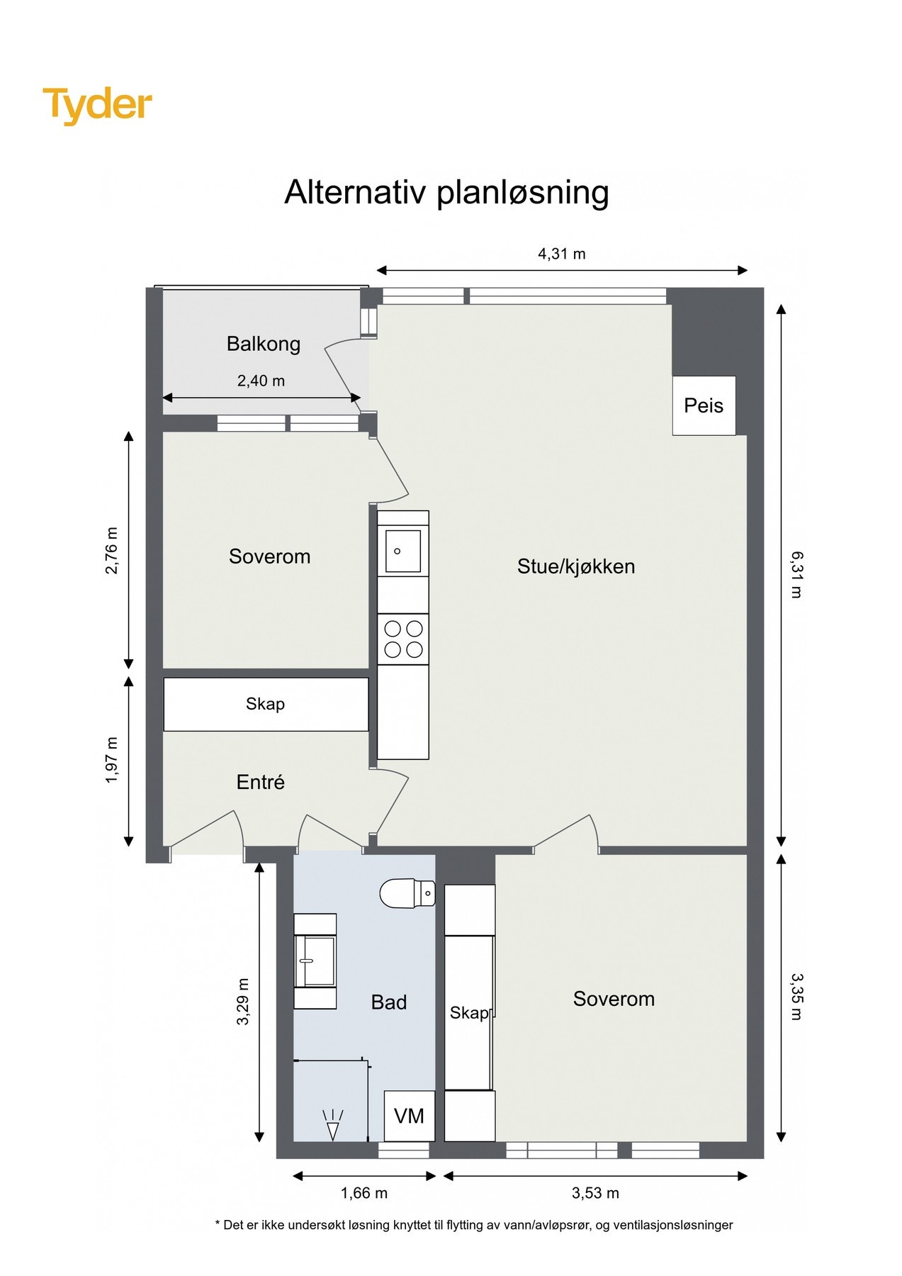 Alternativ plantegning med to soverom. Galleribilde