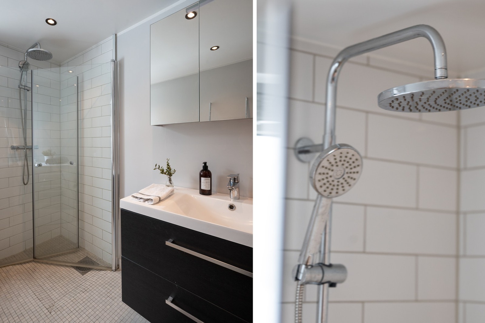 Dusj med innfellbare dører i herdet glass og servant i helstøpt plate. Galleribilde