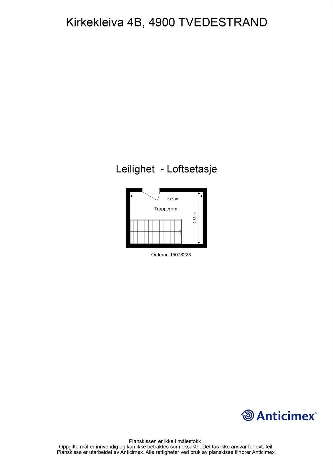 Plantegning loft (kun målbart areal er inkludert i plantegning, det er et større areal på loftet der døren går inn). Galleribilde