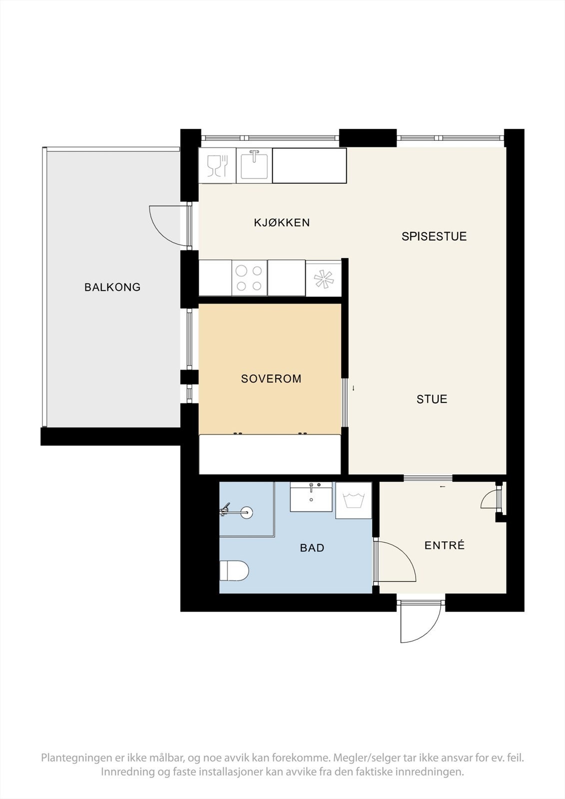 Planløsningen viser en arealeffektiv leilighet på 38 m² med stue, kjøkken, soverom og bad. Galleribilde