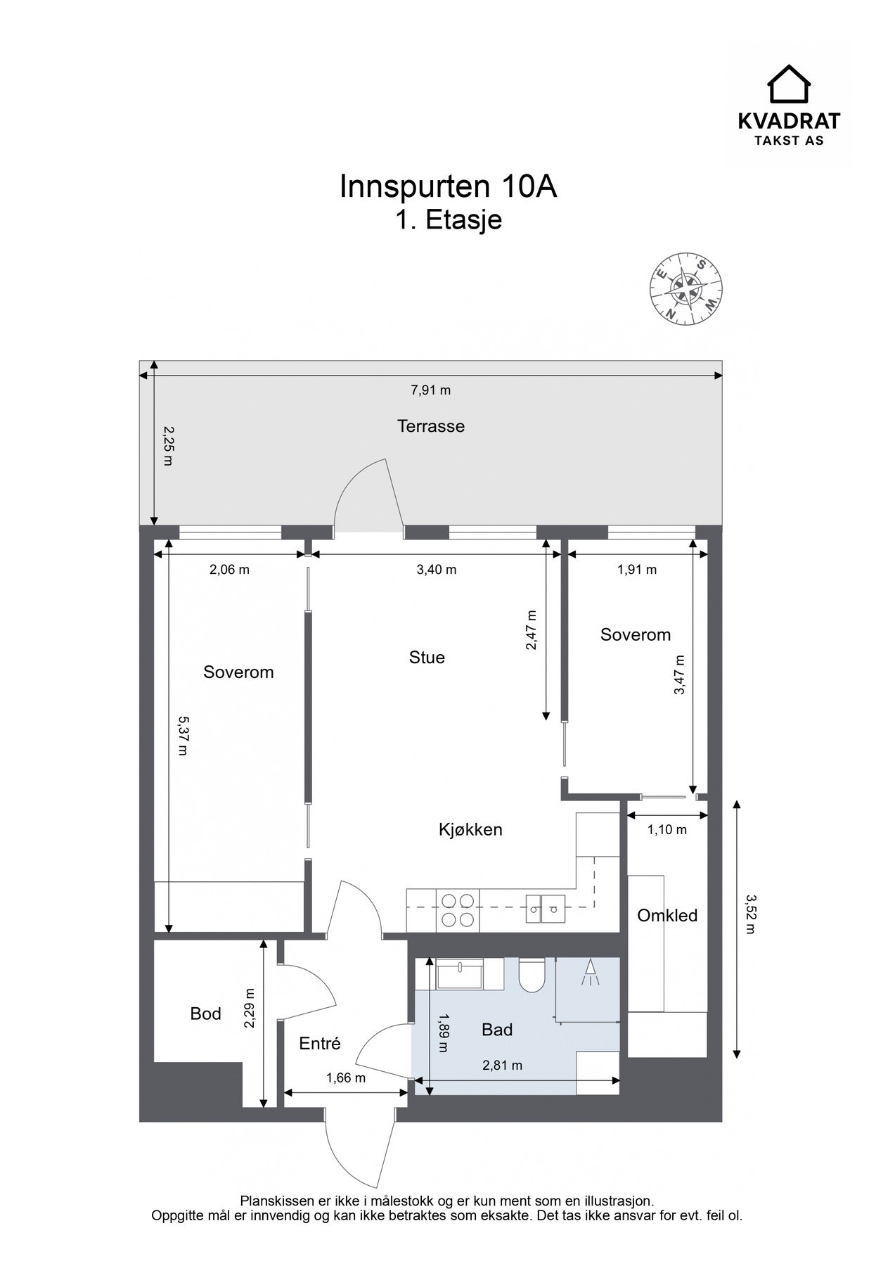 Her får du entré, baderom, to soverom, walk-in closet, stue med åpen kjøkkenløsning samt innvendig bod og markterrasse. Galleribilde