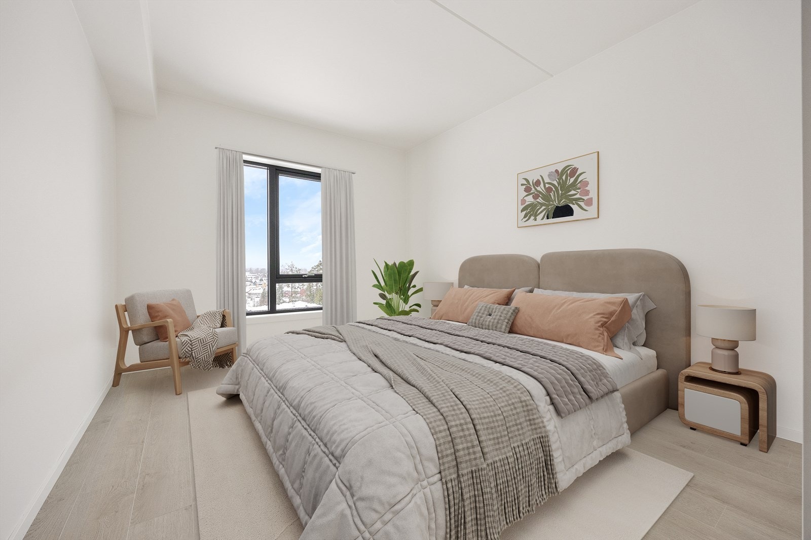 Hovedsoverommet har plass til dobbeltseng og garderobeskap. Bildet er digitalt illustrert. Galleribilde