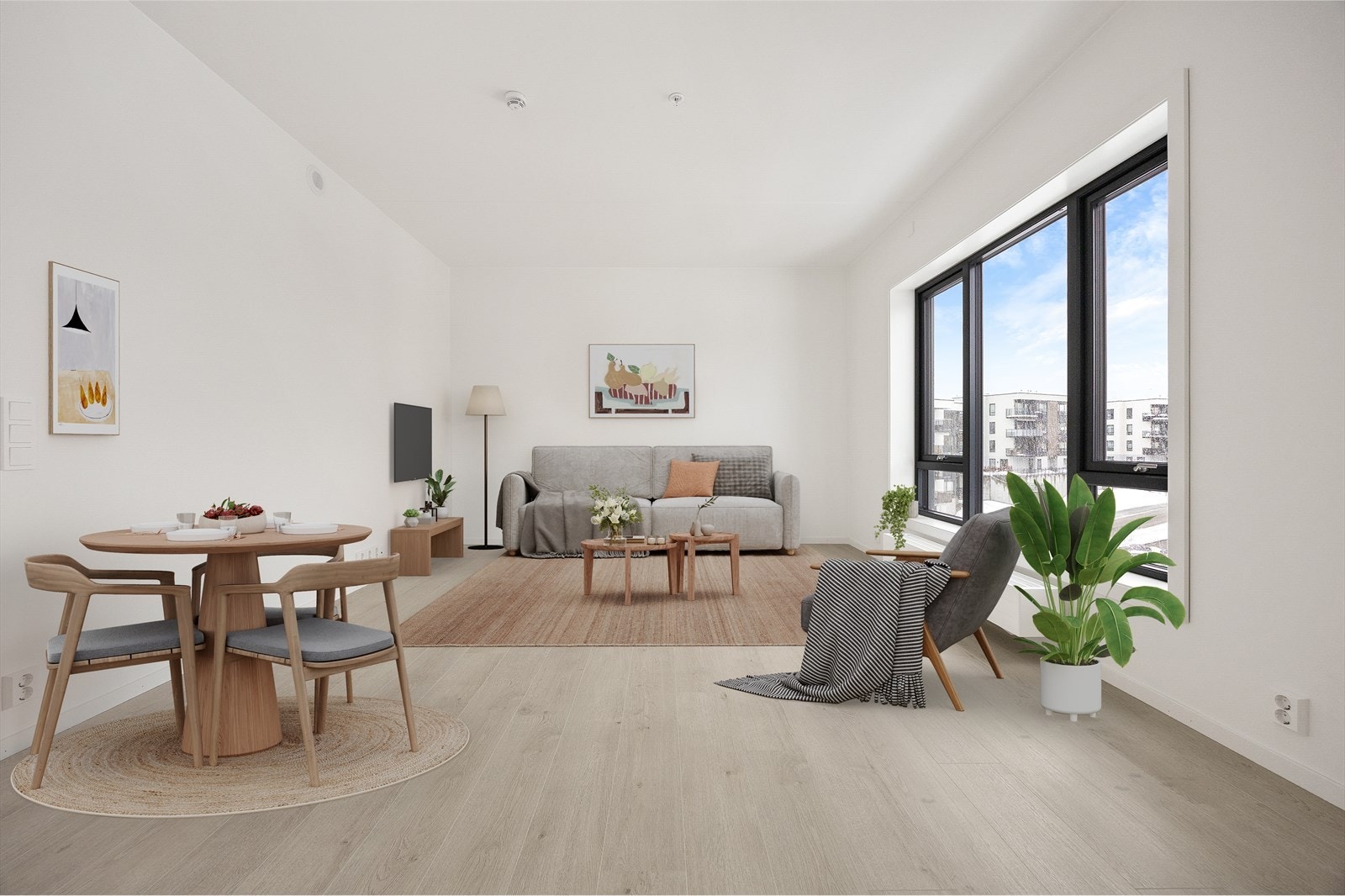 Åpen løsning mellom stue og kjøkken skaper en sosial sone. Bildet er digitalt illustrert. Galleribilde