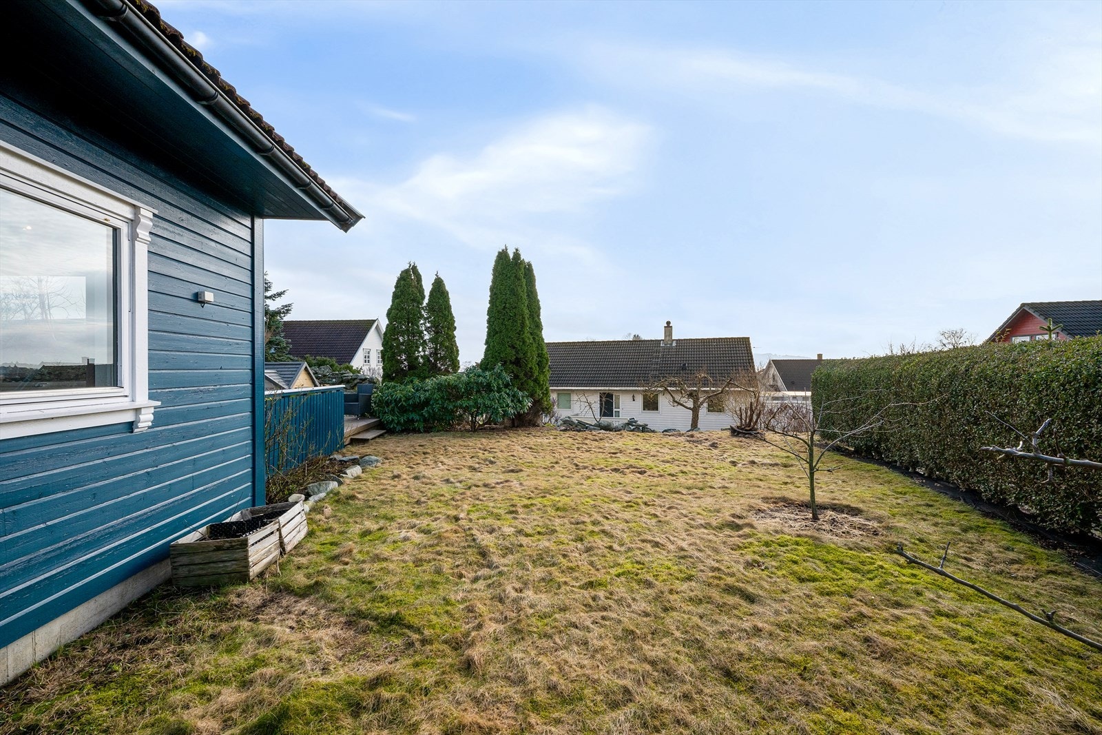 Hagen er opparbeidet med plen og hekk, og er enkel å vedlikeholde. Galleribilde
