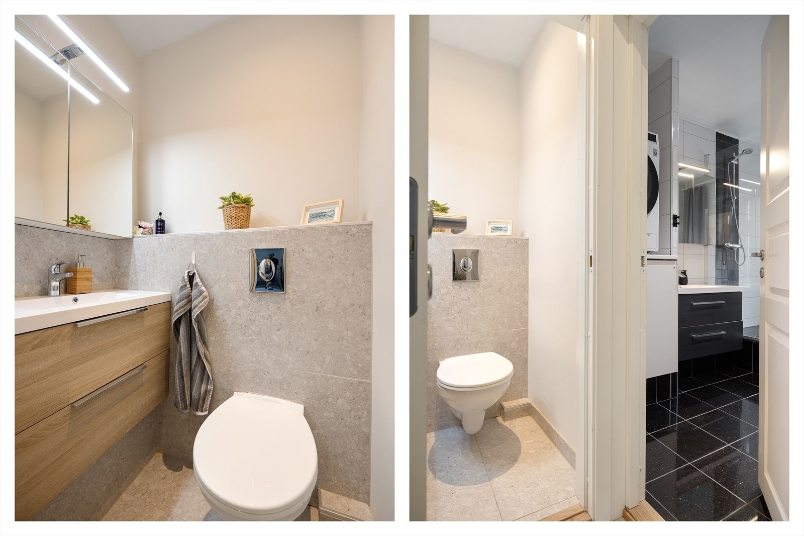 Pent flislagt toalettrom med downlight i takhimling Galleribilde