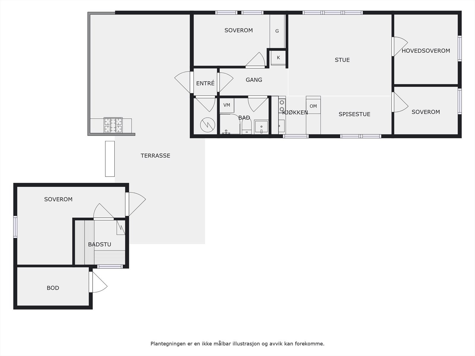 Plantegningen viser en fritidsbolig med tre soverom, stue, kjøkken og bad, samt en terrasse. Det er også et frittstående anneks med soverom og badstue. Galleribilde